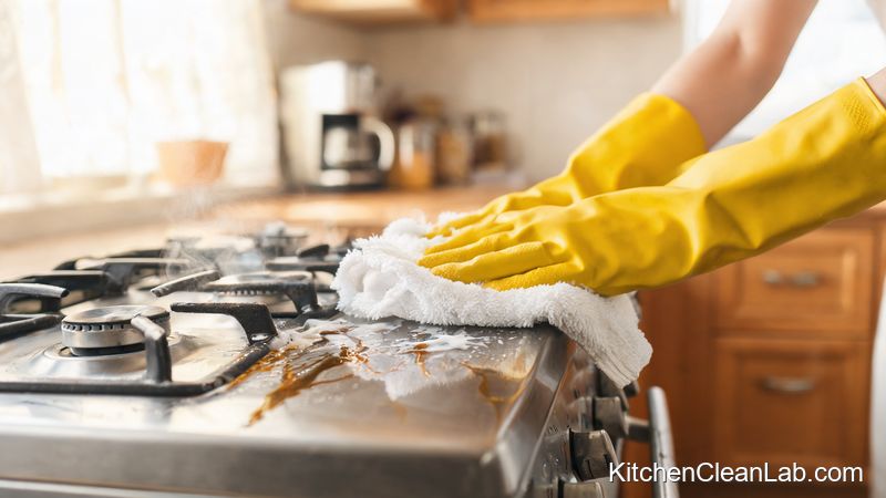person wiping greasy stainless steel stove with homemade washing soda degreaser and microfiber cloth