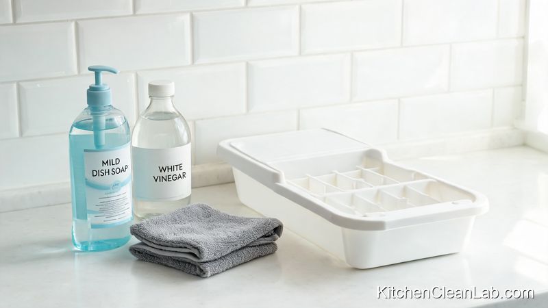 Cleaning supplies for removing smelly ice cube machine odors with mild dish soap and microfiber cloth