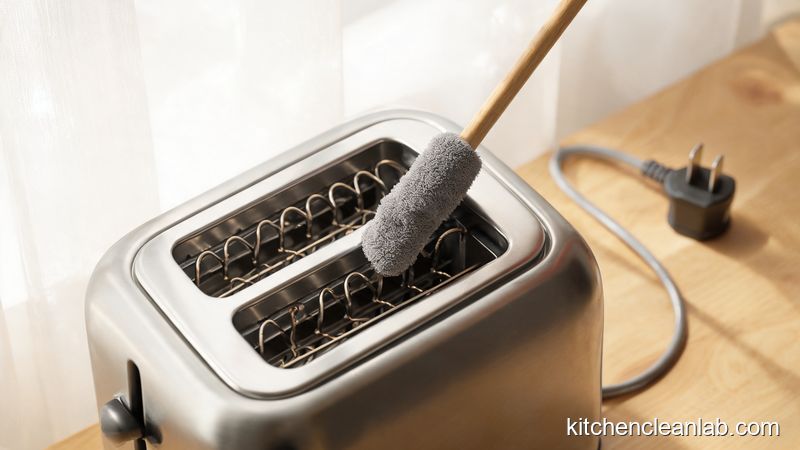 Using a wooden chopstick wrapped in microfiber cloth to clean toaster heating elements safely