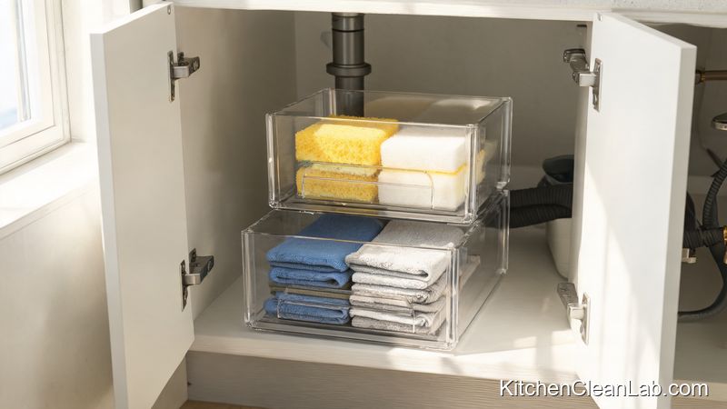 clear acrylic organizer bins holding sponges under sink cabinet