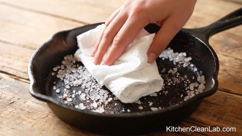 Coarse kosher salt being used to scrub a cast iron skillet without soap to remove stuck food and preserve seasoning