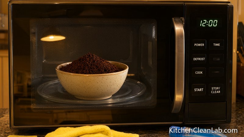 Coffee grounds inside a microwave help absorb and eliminate bad smells