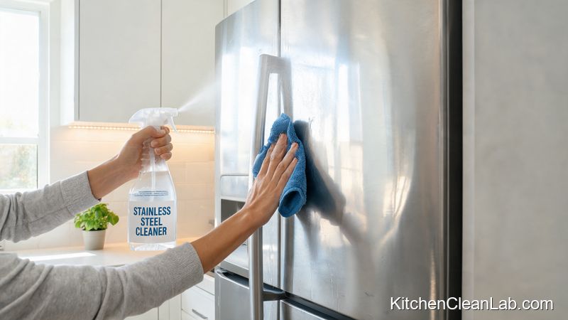 Applying commercial stainless steel cleaner and buffing a refrigerator for a streak-free shine