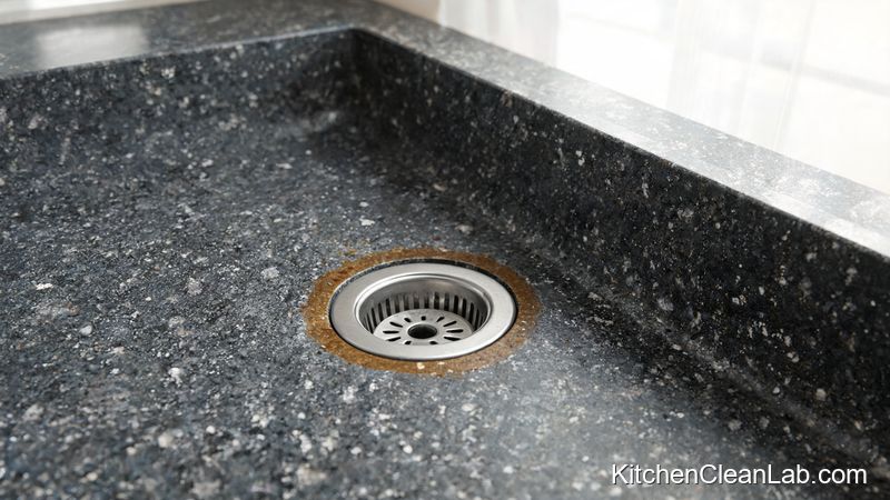 Close-up of a coffee stain forming on a composite granite sink surface