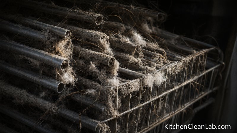 Dirty refrigerator condenser coils clogged with dust before cleaning