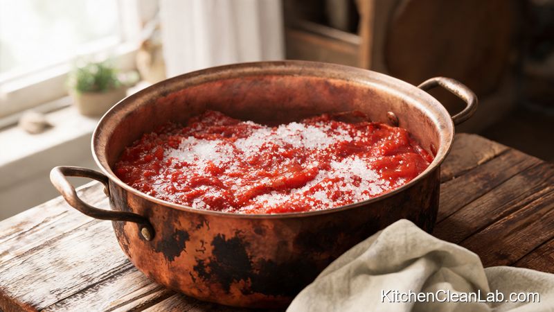 Natural ketchup and salt paste for cleaning bare copper pots