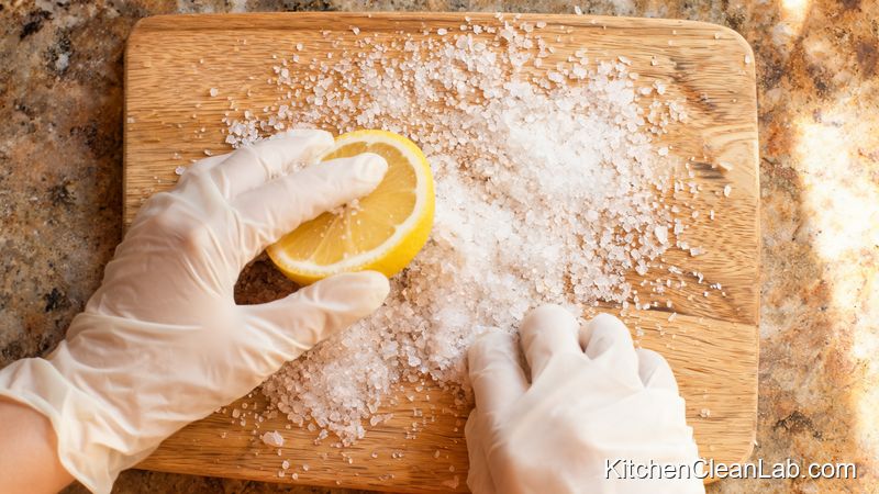 Scrubbing wooden cutting board with lemon and salt to disinfect hidden bacteria