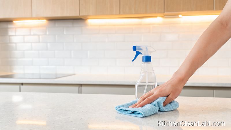 Hand wiping clear quartz kitchen countertop with microfiber cloth and spray cleaner as daily maintenance