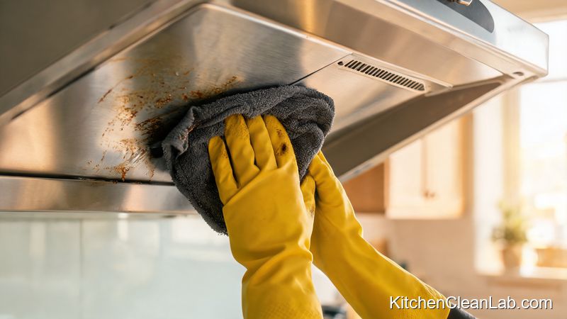 Degreasing the range hood before moving out using a non-toxic kitchen cleaner
