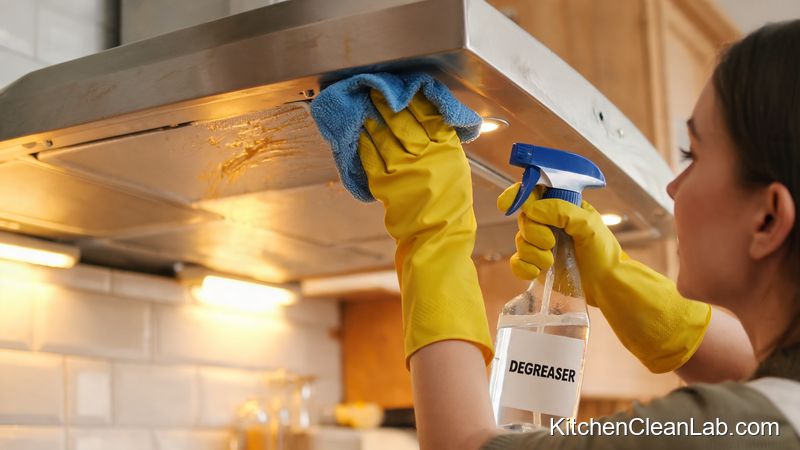 Person wiping underside of range hood with degreaser to remove grease buildup