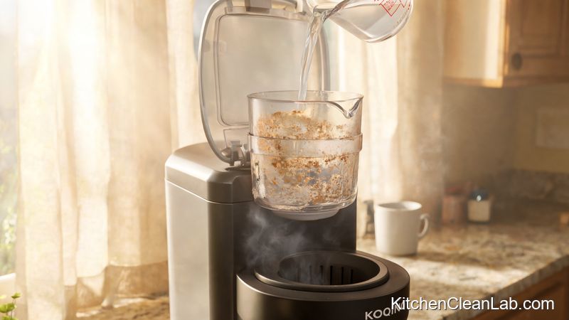 White vinegar and water solution in a Keurig reservoir for descaling internal lines