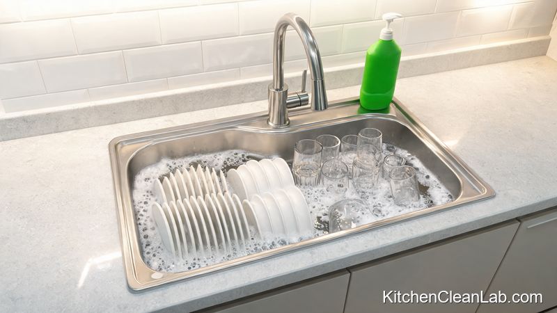 Soaking dirty dishes in hot soapy water during a 10 minute kitchen clean before guests arrive