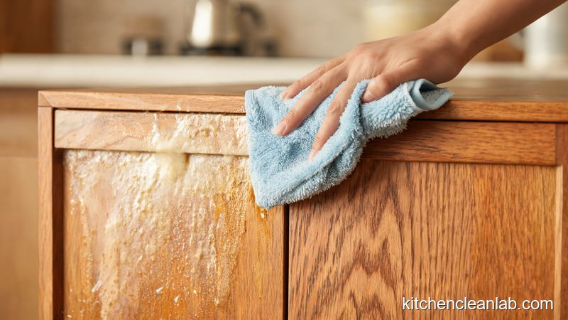 Bowl of warm water with mild dish soap for cleaning sticky wood kitchen cabinets