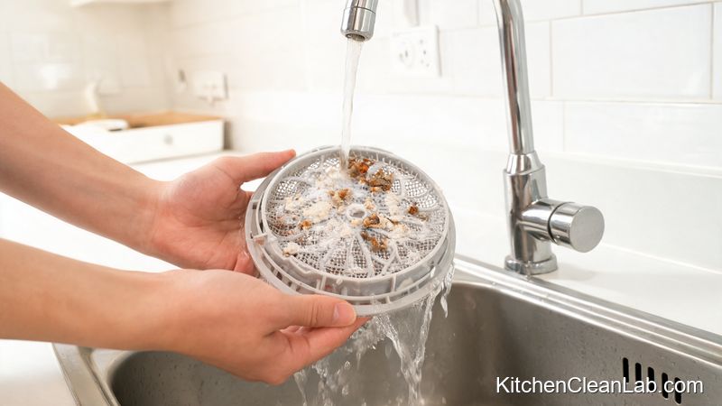 Cleaning dishwasher filter to prevent white residue on glasses