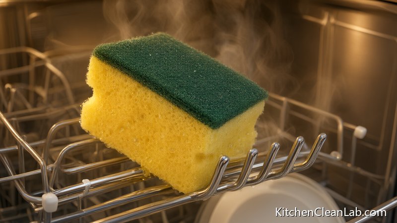Top rack dishwasher placement for daily sponge sanitizing with heated dry cycle