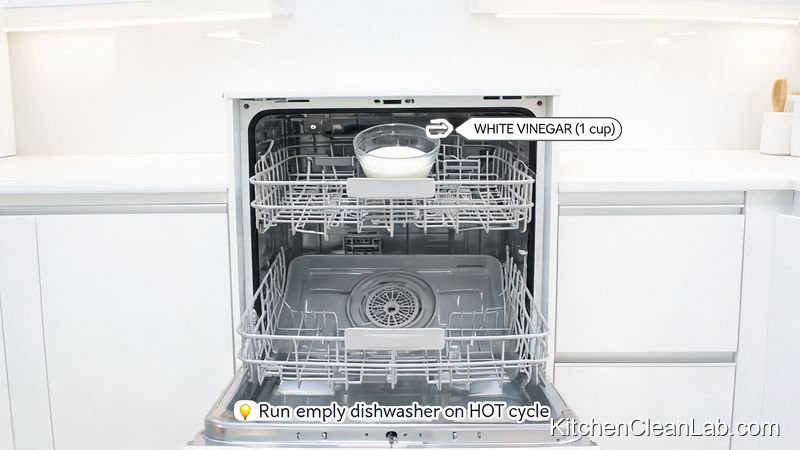 Dishwasher with white vinegar in a bowl to remove odor and soap scum
