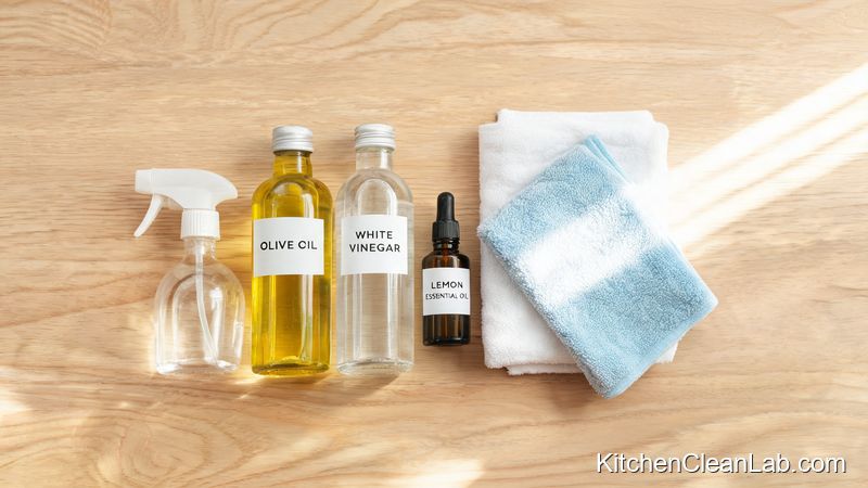 DIY stainless steel cleaner ingredients including olive oil, white vinegar, lemon essential oil, and microfiber cloths on a wooden table