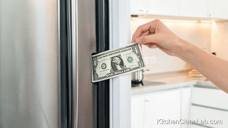 Dollar bill test checking refrigerator door gasket seal integrity after mold cleaning