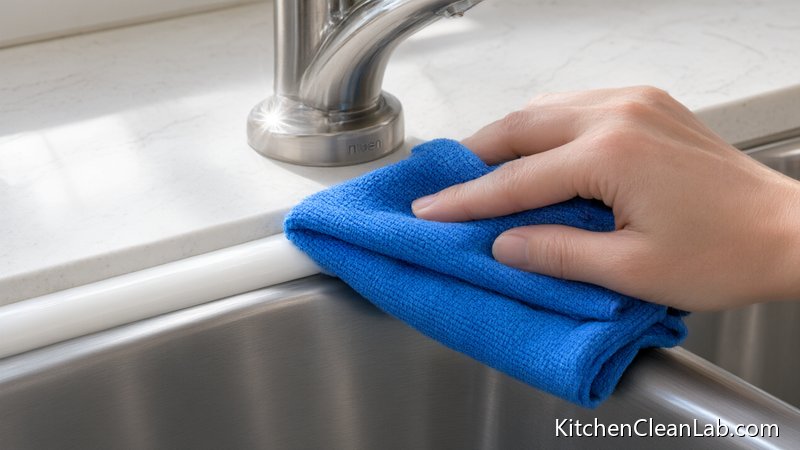 Drying kitchen sink caulk with a microfiber cloth to prevent mold from returning around the sink