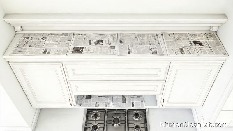 Newspaper liner trick to keep grease off the top of kitchen cabinets