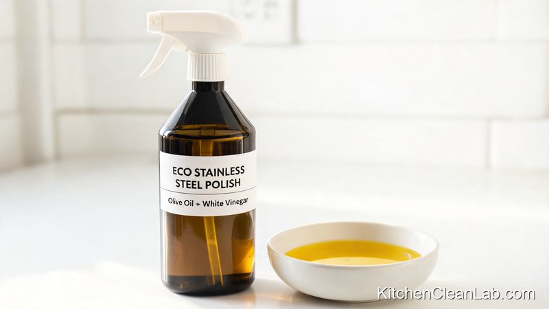 Eco-friendly stainless steel polish with olive oil and white vinegar in a glass spray bottle on a kitchen counter