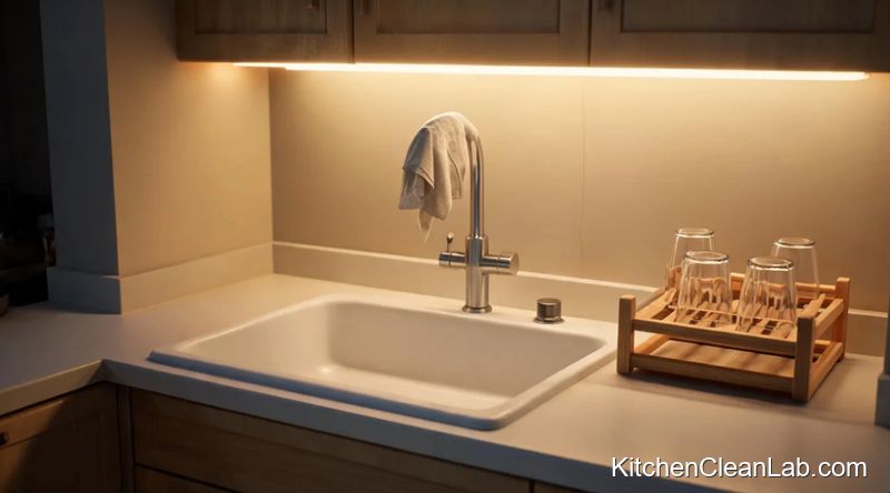 Empty sink with clean dishes drying at night in a spotless kitchen