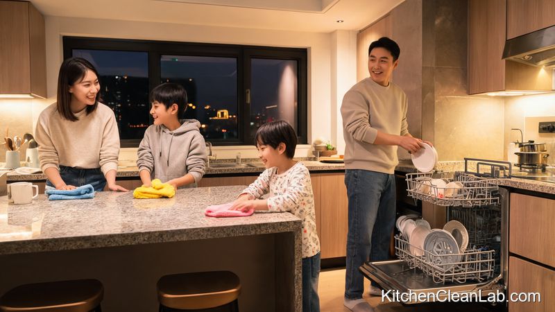 busy family wiping kitchen counter during a 15 minute nightly kitchen reset routine