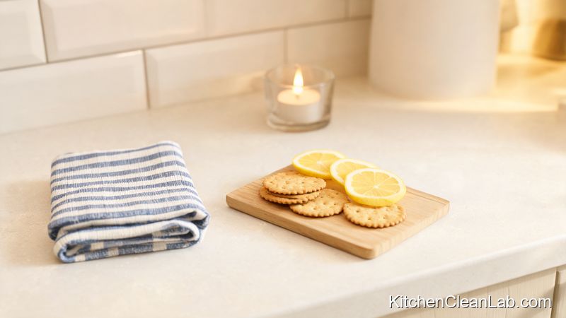 Fresh kitchen towel and snack board on a clean counter as a final reset before guests arrive