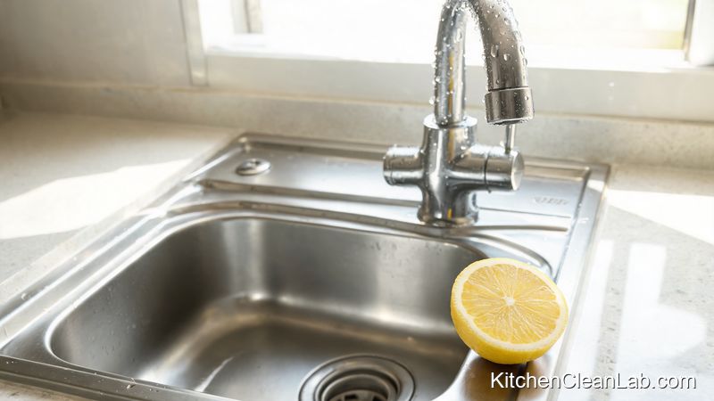 Fresh clean kitchen sink after salt and lemon drain odor treatment