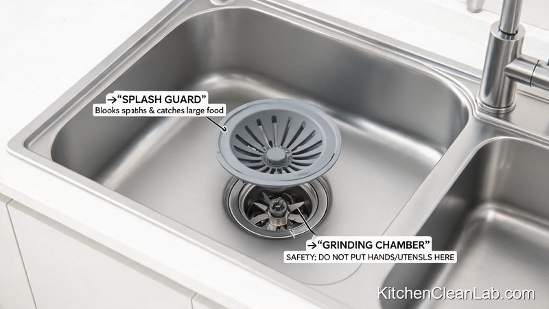 Kitchen sink splash guard and garbage disposal grinding chamber anatomy for safe cleaning
