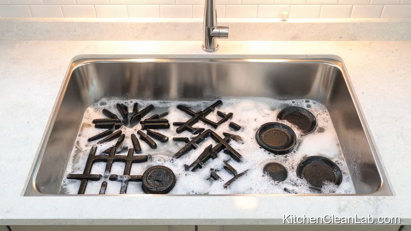 Cast iron gas burner grates and burner caps soaking in hot soapy water with baking soda after a holiday dinner cleanup