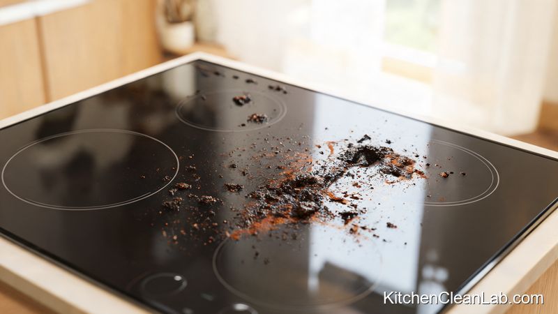 Closeup of burnt-on food on glass cooktop showing how to remove burnt-on food from glass cooktops without scratching