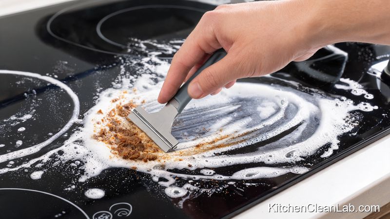 Single-edge razor scraper held at a 45-degree angle to remove baked-on holiday residue from a black glass cooktop