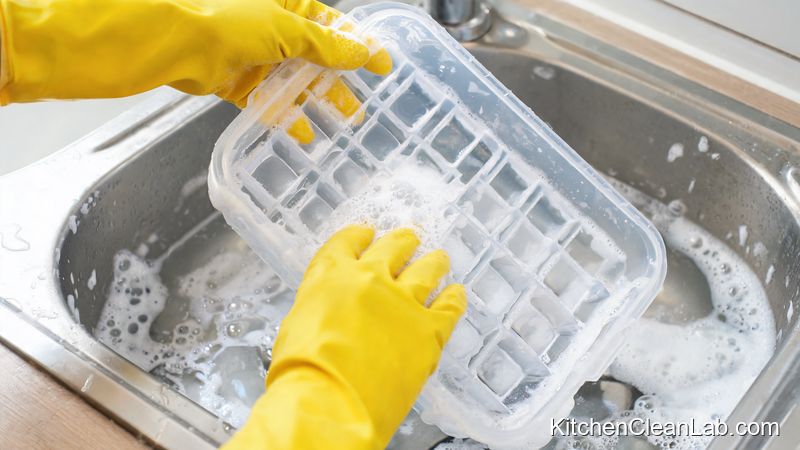 Hand washing a removable ice maker bin with warm soapy water to get rid of freezer odors fast