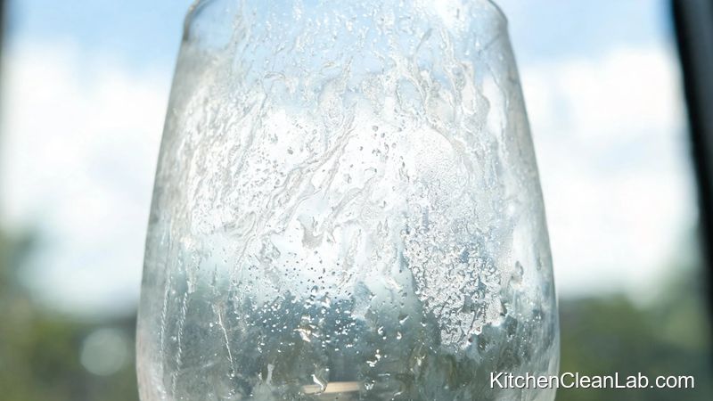 Glass with hard water film after castile soap dishwashing before vinegar rinse