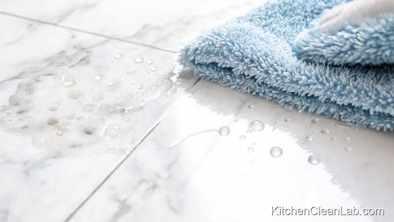 Cleaning hard water spots from marble tile backsplash with soft microfiber cloth