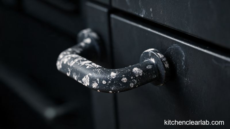Hard water stains on matte black kitchen handle before cleaning