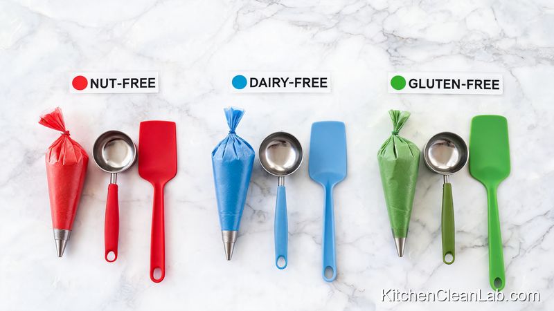 color-coded pastry tools and allergen control labels for a home bakery