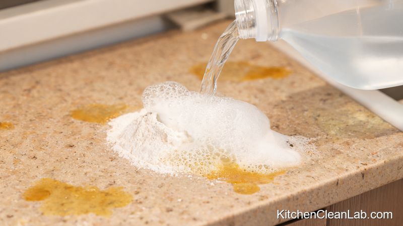 Hydrogen peroxide and baking soda paste removing stuck-on kitchen countertop grime
