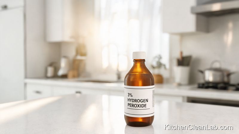 Hydrogen peroxide bottle on a clean kitchen countertop for safe disinfection