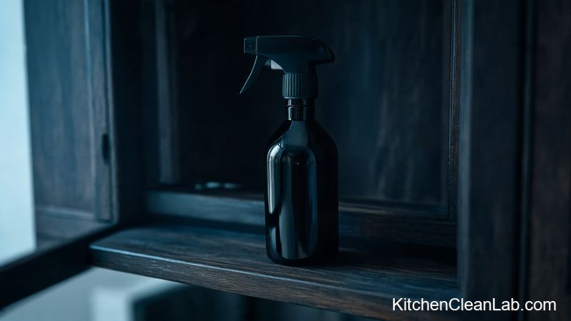 Opaque spray bottle of 3 percent hydrogen peroxide stored in a dark kitchen cabinet