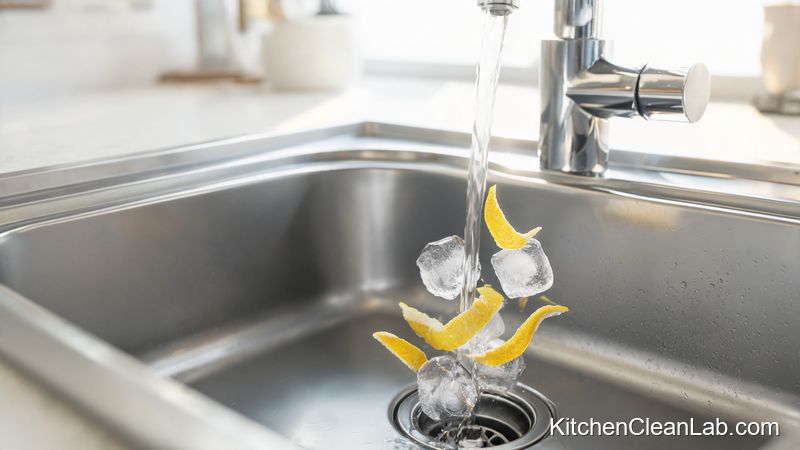 Ice cubes and lemon peels cleaning a kitchen garbage disposal naturally