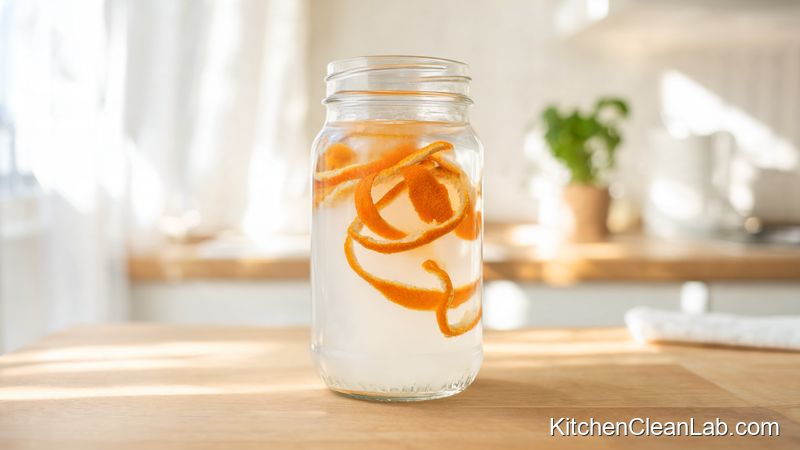 Infusing orange peels in white vinegar for homemade all-purpose kitchen spray