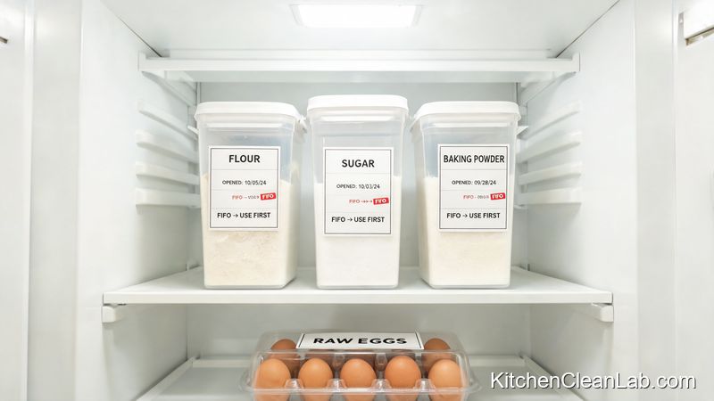 food-grade storage containers labeled for commercial home bakery FIFO rotation