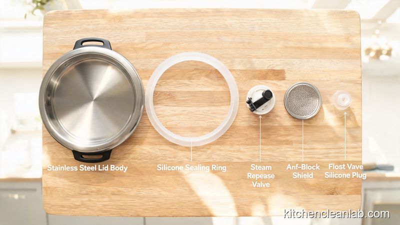 Disassembled Instant Pot lid parts including silicone sealing ring and steam release valve on wooden board