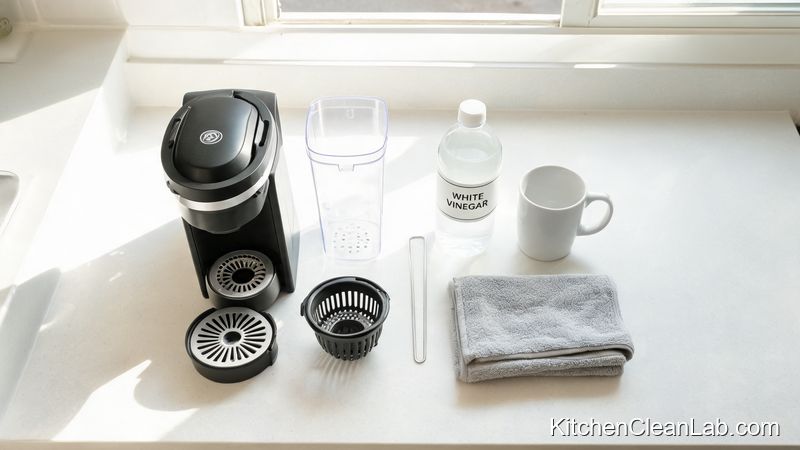 Supplies for a Keurig deep sanitizing clean include vinegar paper clip and mug