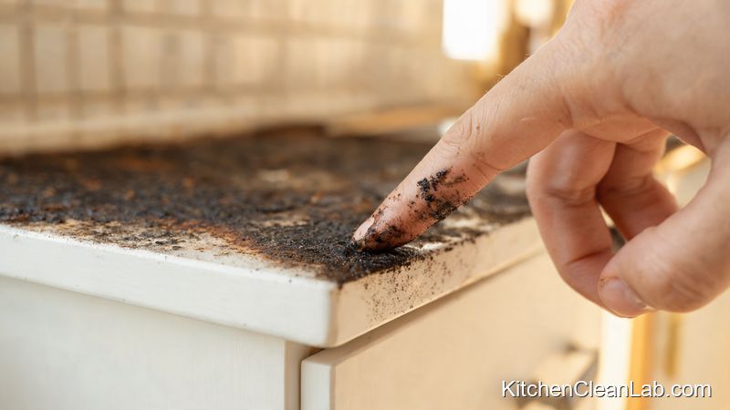 Sticky grease and dust buildup on top of white painted kitchen cabinets