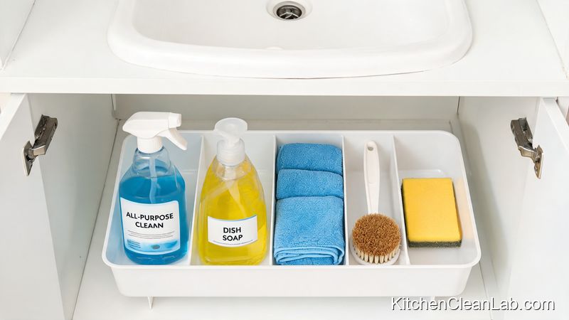 Cleaning products caddy stored under the sink for spotless kitchens maintenance