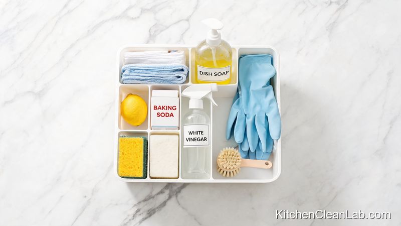 Weekly kitchen cleaning supplies caddy with microfiber cloths and lemon