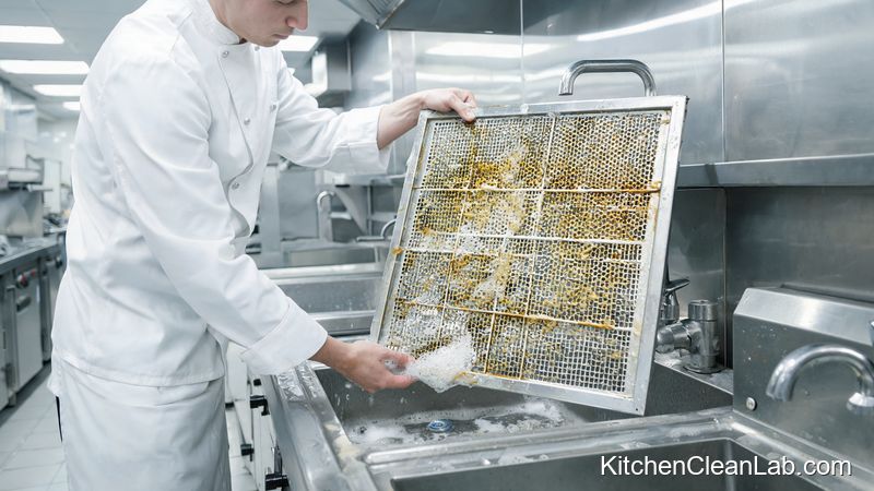 cleaning kitchen exhaust hood filter to reduce fire risk during monthly maintenance